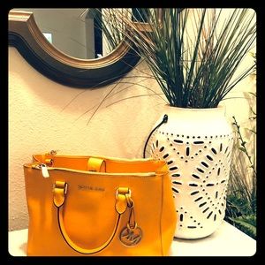Selma Saffiano Leather Medium Satchel  in Marigold